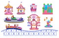 Theme Park set with electric cars, ferris wheel, carrousel, trampoline. Amusement park. Vector illustration for children. Royalty Free Stock Photo